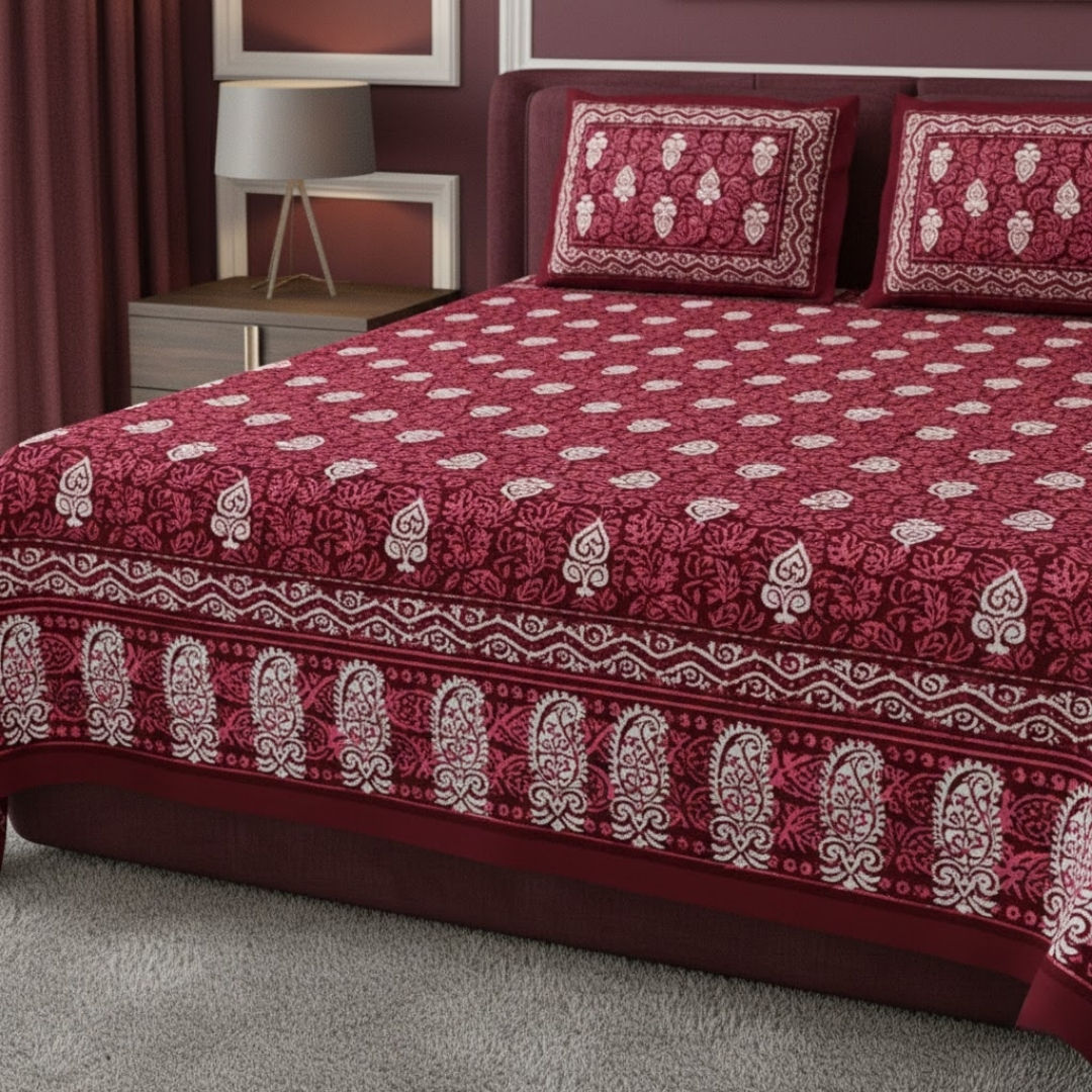 Maroon Conic Dabu Print Jaipuri Double Bedsheet